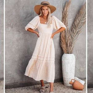 Katelyn Puff Sleeve Midi Dress in Beige / Yellow, tie back